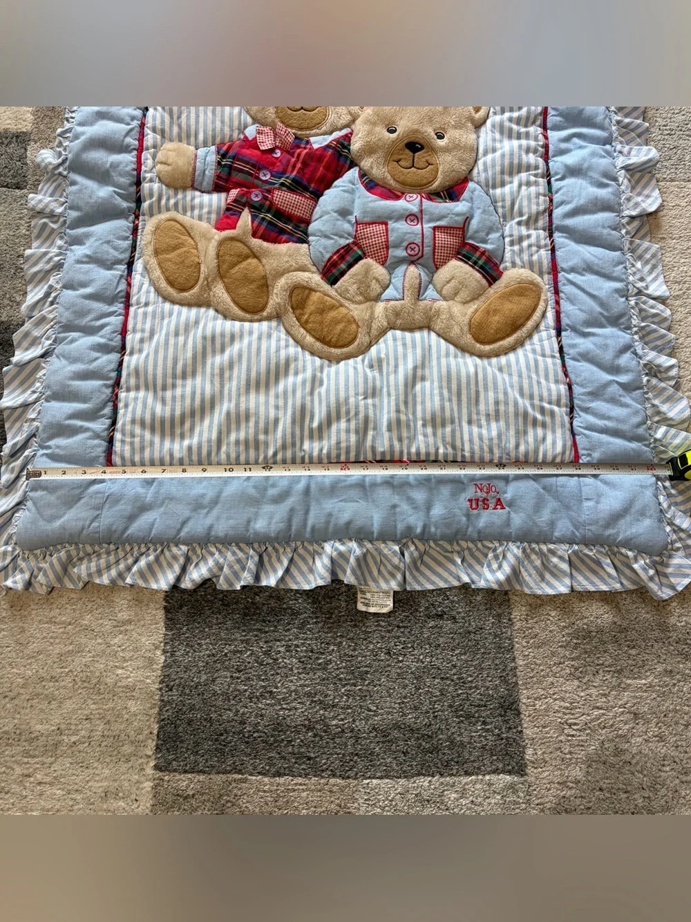 Vintage NoJo USA Teddy Bear Baby Blanket Quilt Playmat Ruffle Blue Striped 90s
